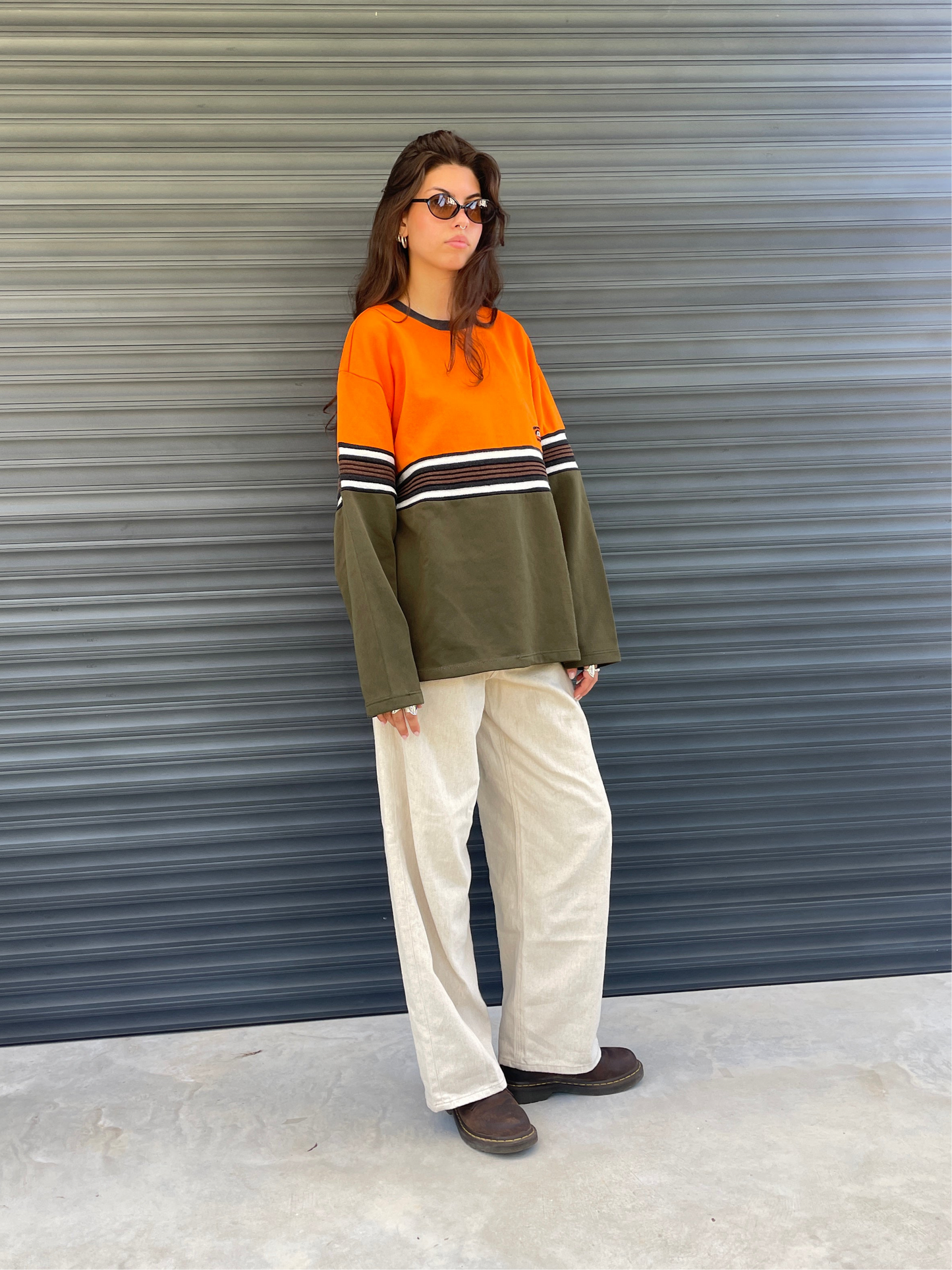 2000S - CYBERSTYLE OLIVE GREEN & ORANGE STRIPED CREWNECK - XL