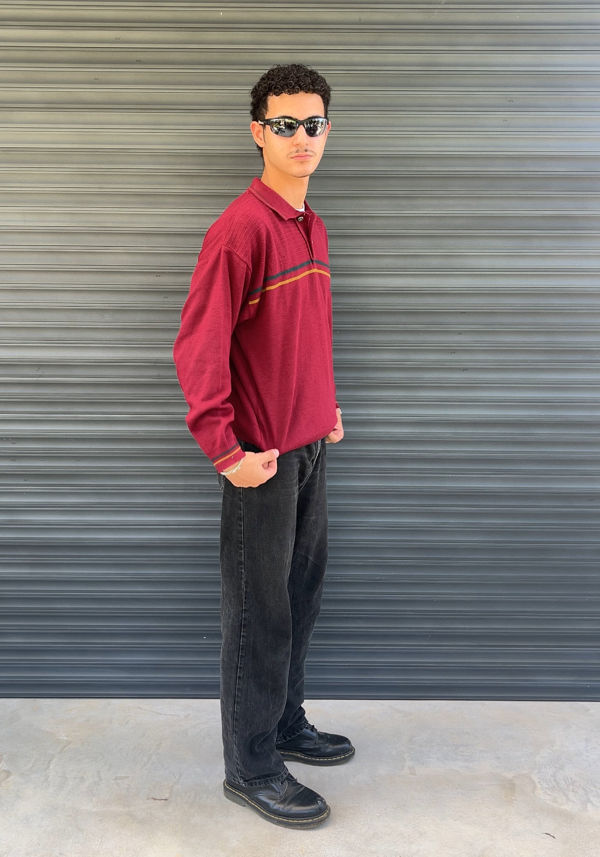1990S - STRIPED BORDEAUX POLO COLLAR SWEATER - L