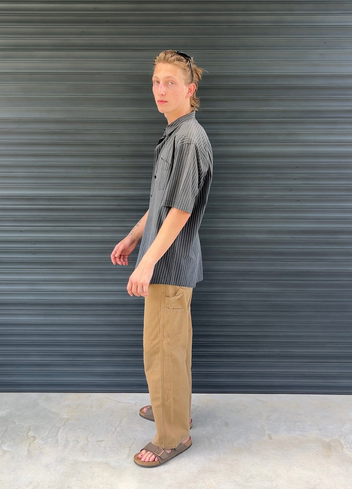 1990S - DARK GRAY STRIPED BUTTON UP SHIRT - XL