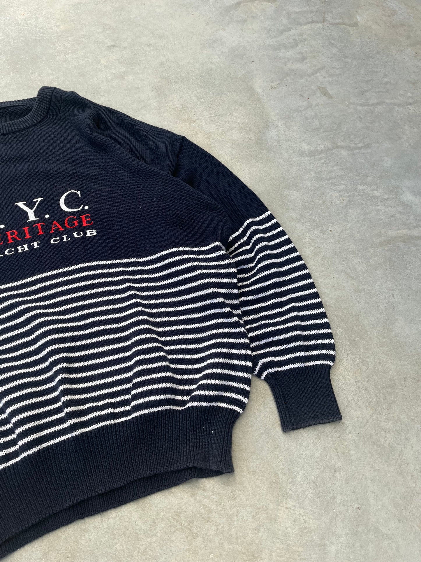 1980S - STRIPED “YACHT CLUB” EMBROIDERED SWEATER - XL
