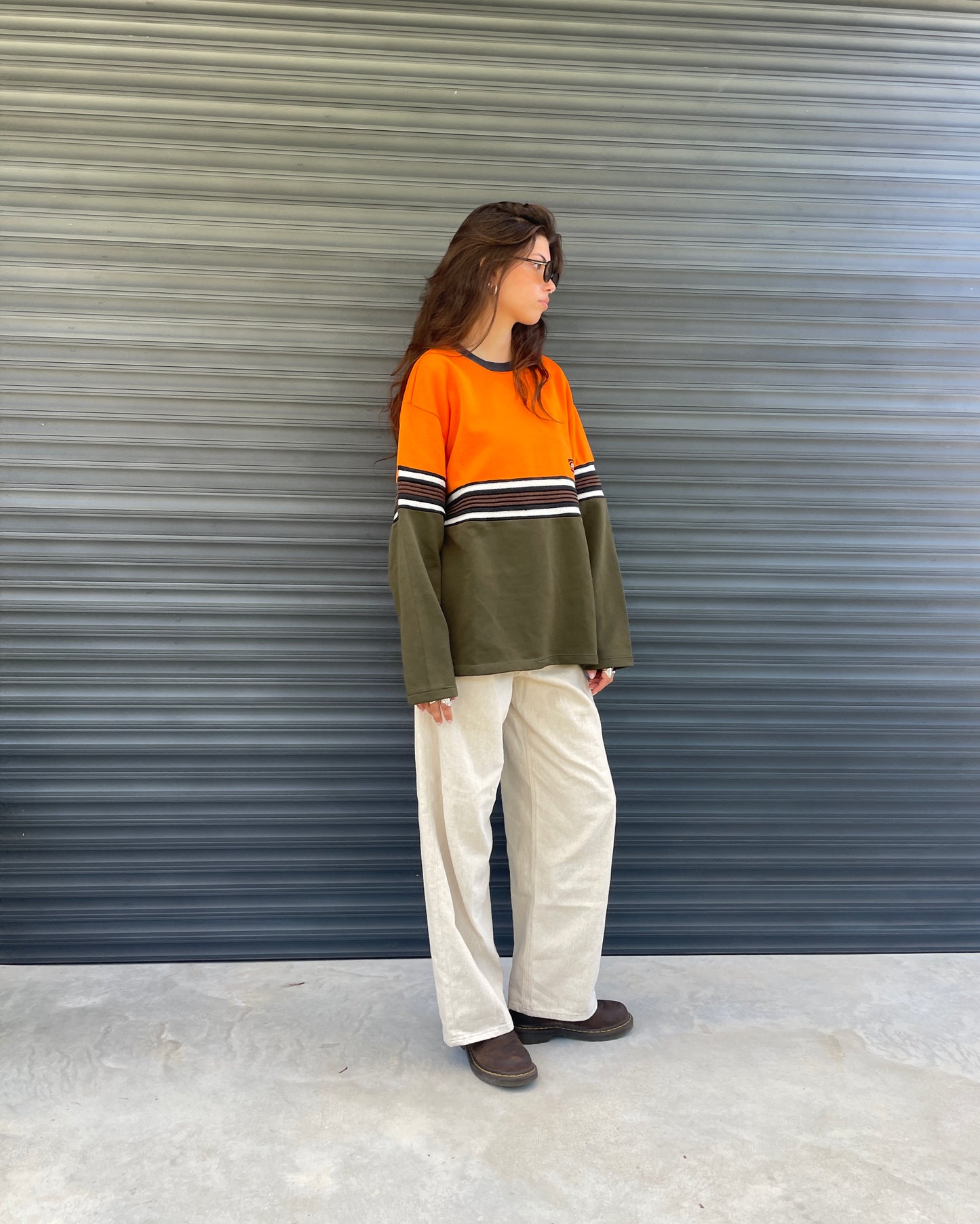 2000S - CYBERSTYLE OLIVE GREEN & ORANGE STRIPED CREWNECK - XL