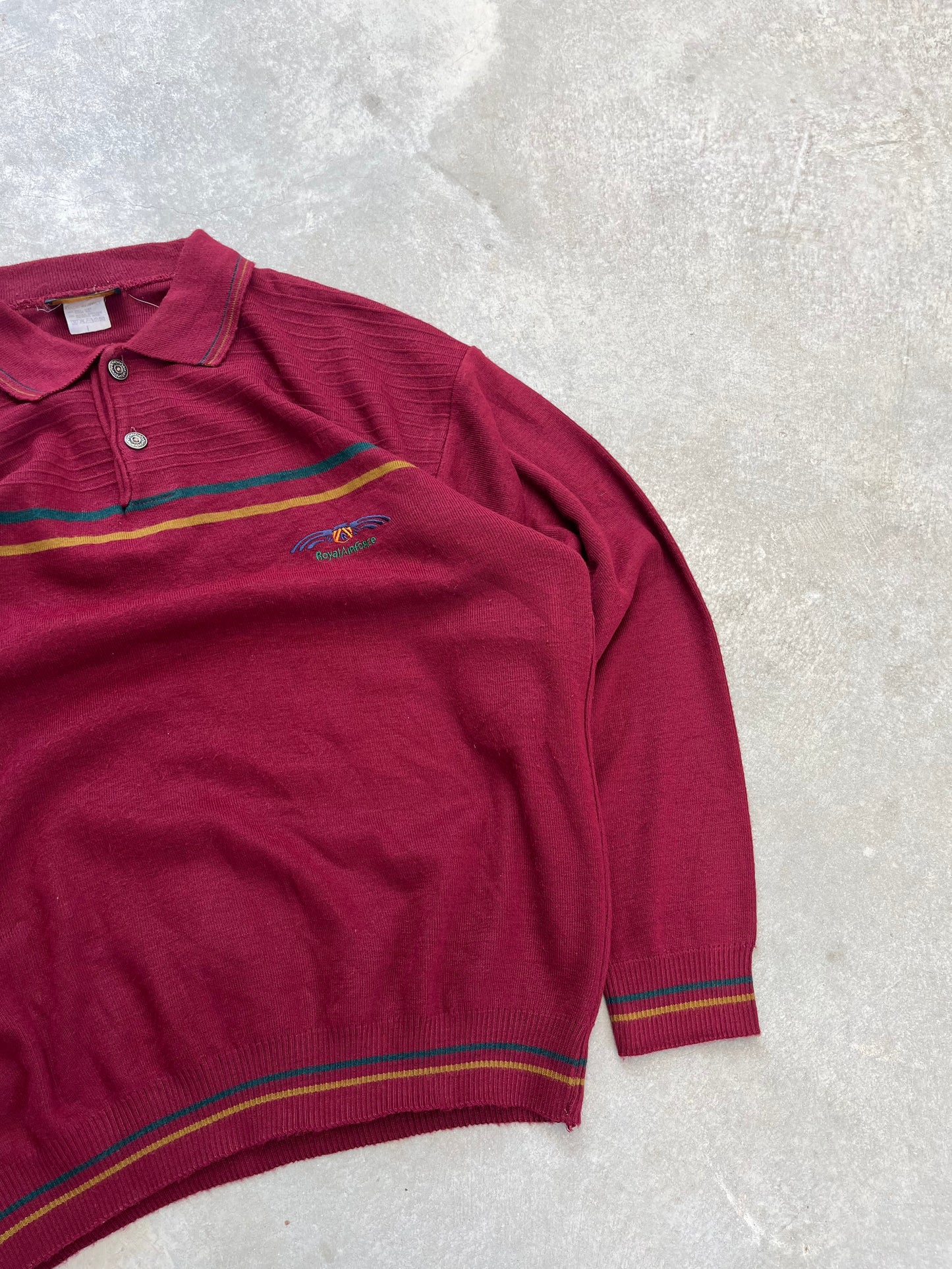 1990S - STRIPED BORDEAUX POLO COLLAR SWEATER - L