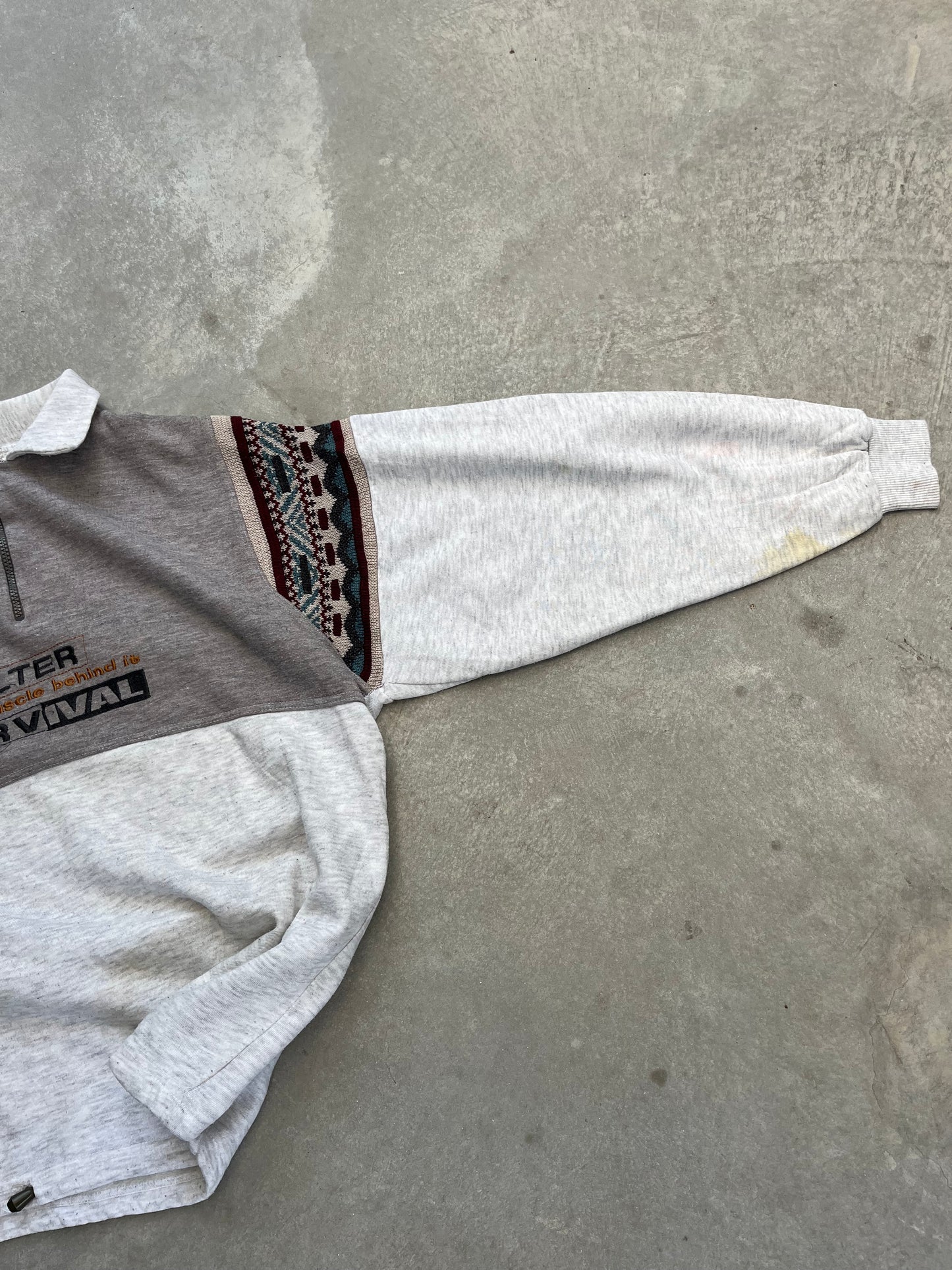 1990S - AZTEC KNIT SLEEVES POLO COLLAR SWEATSHIRT- XL