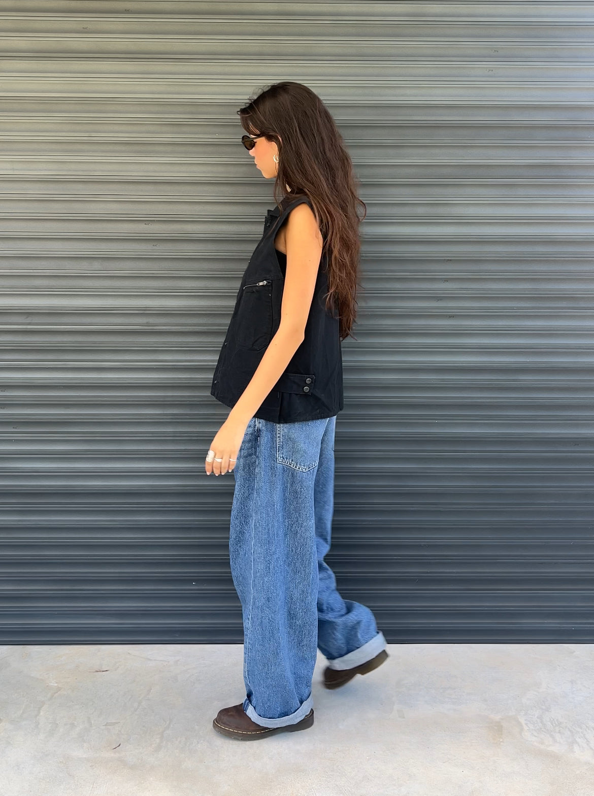 1990S - BLACK BIKER STYLE DENIM VEST - L