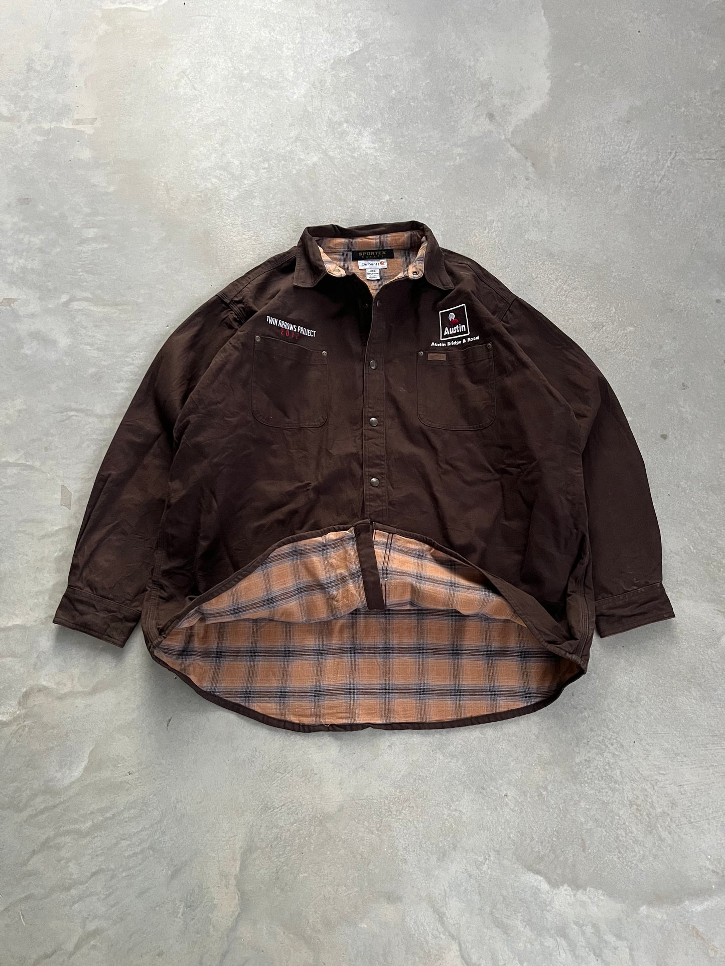 2000S - CARHARTT BROWN FLANNEL LINED EMBROIDERED SHIRT JACKET - 2/3XL