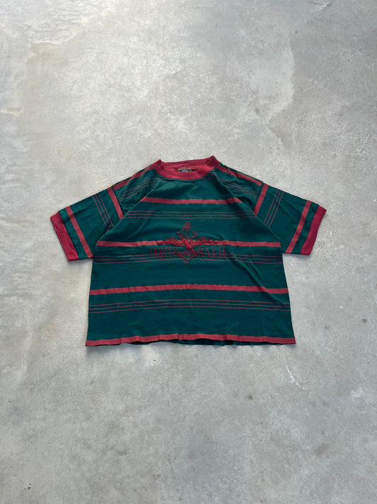 1980S - “PORTS BAY“ BOXY CROPPED STRIPED & EMBROIDERED TSHIRT - M