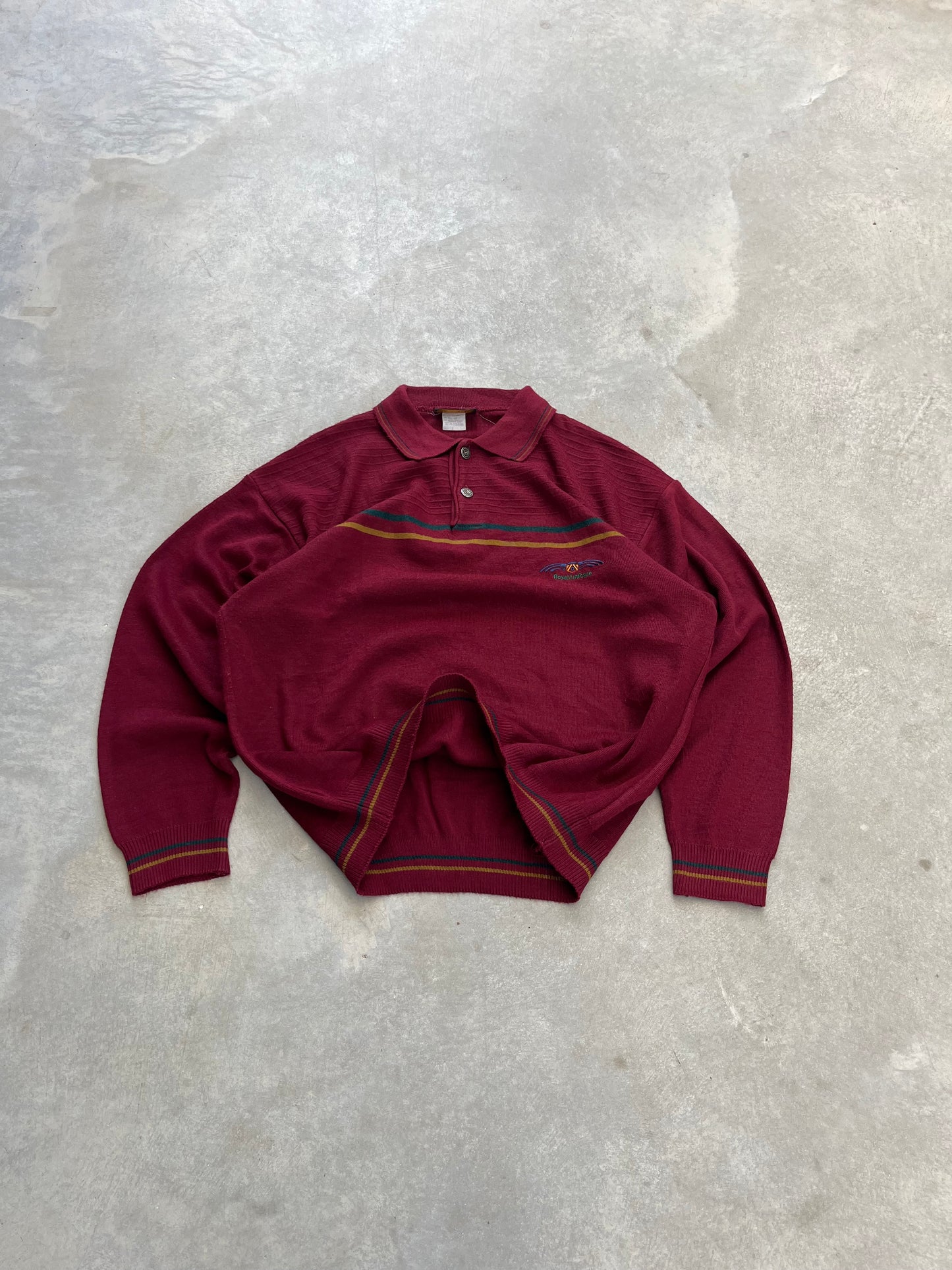 1990S - STRIPED BORDEAUX POLO COLLAR SWEATER - L
