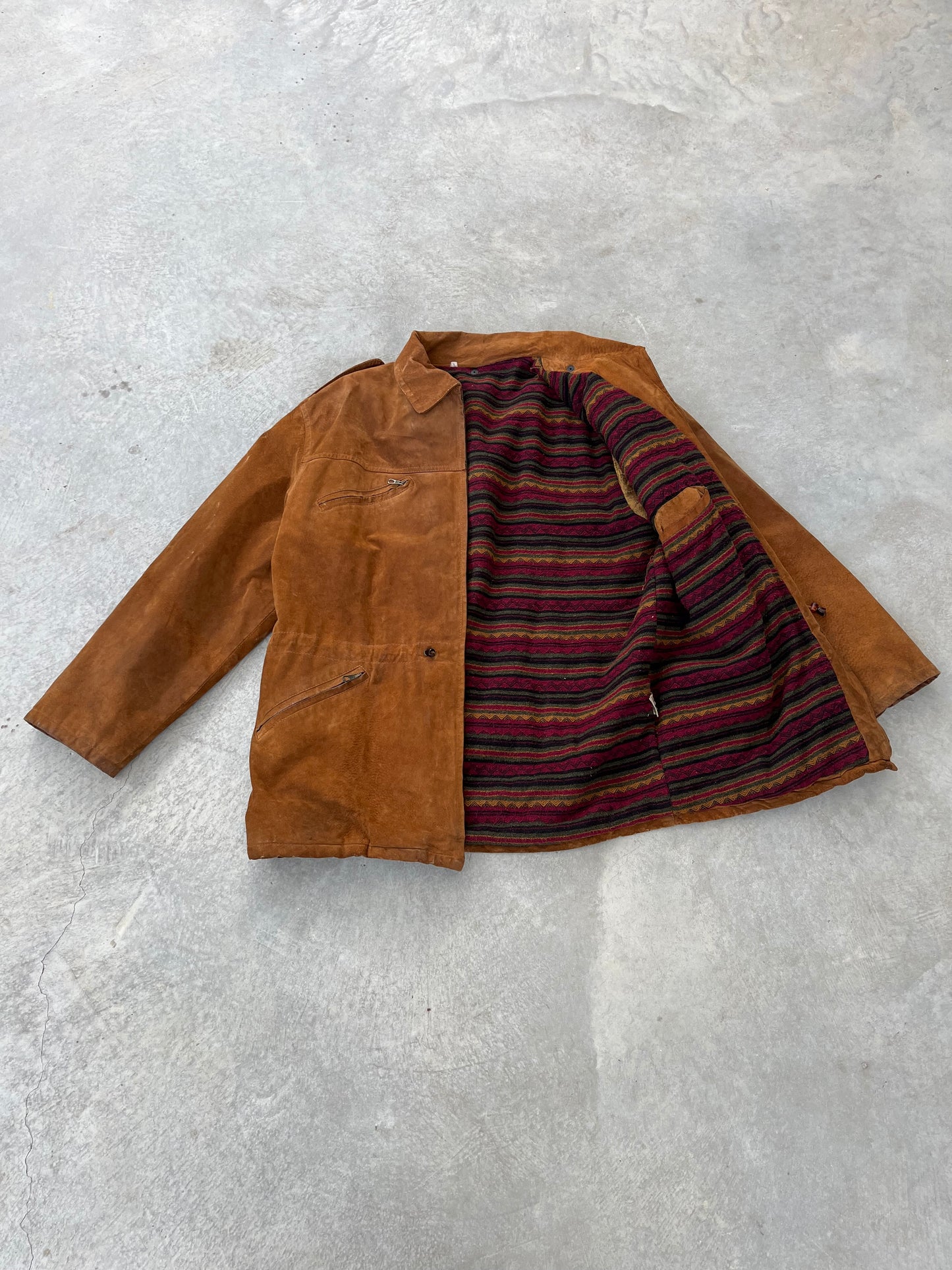 1970S - CAMEL SUEDE MID LENGTH JACKET - L