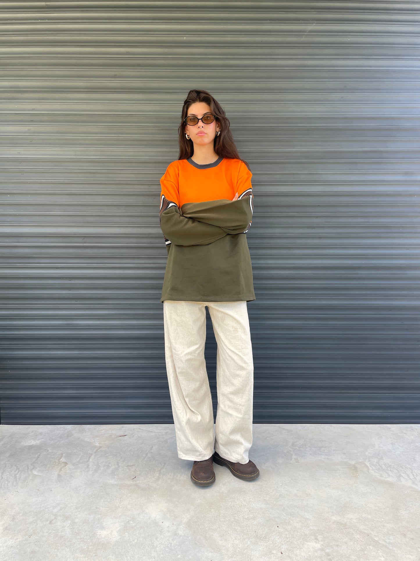 2000S - CYBERSTYLE OLIVE GREEN & ORANGE STRIPED CREWNECK - XL